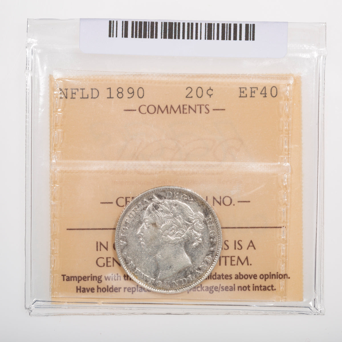 NFLD 20 Cent 1890 ICCS EF-40