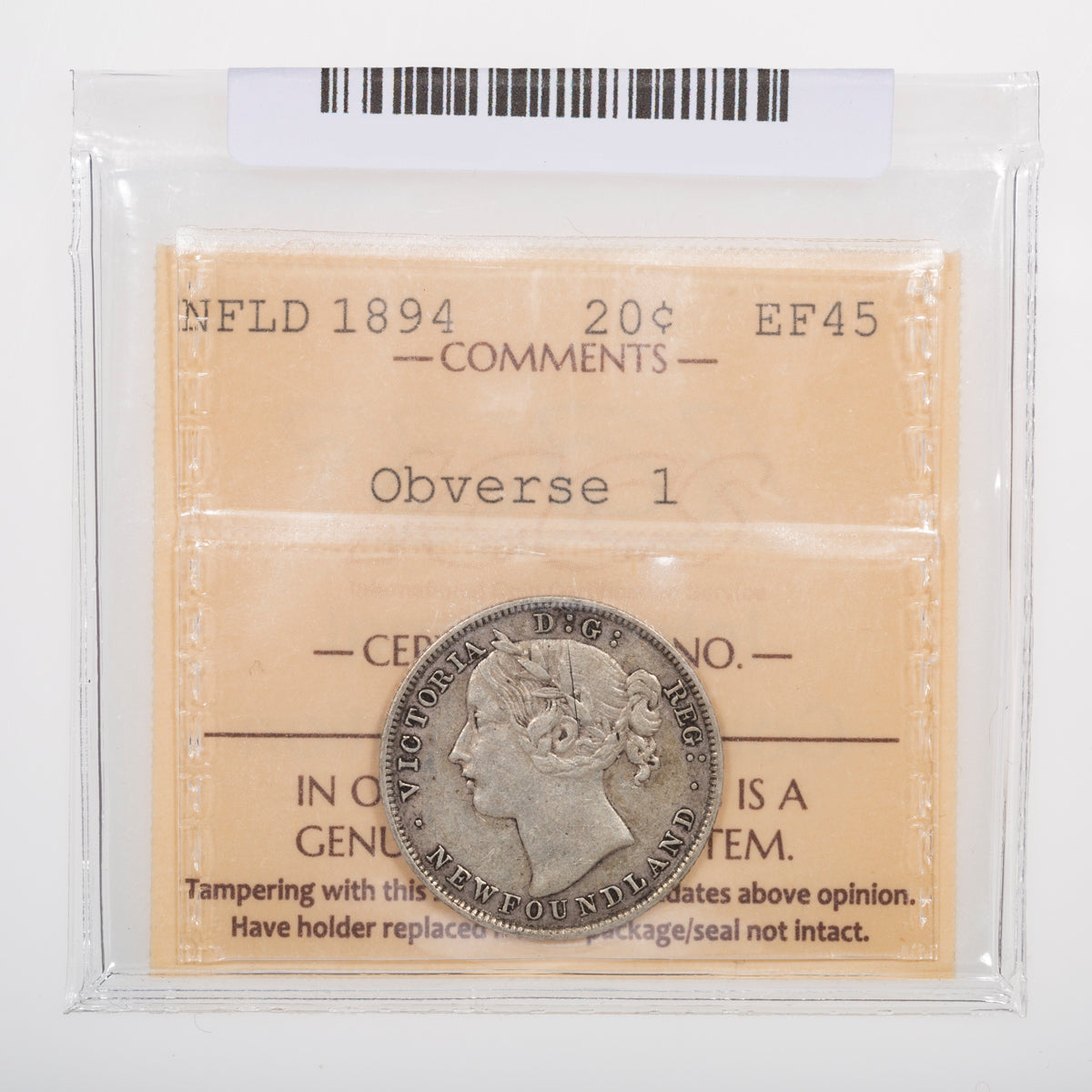 NFLD 20 Cent 1894 Obv 1 ICCS EF-45