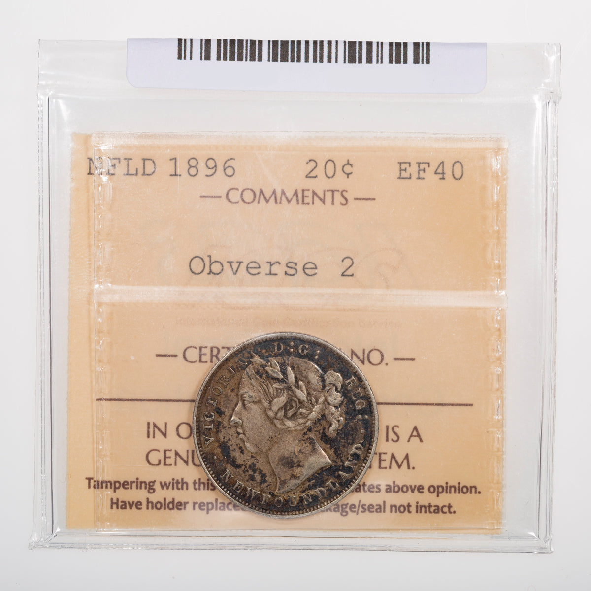 NFLD 20 Cent 1896 Obv 2 S96 ICCS EF-40