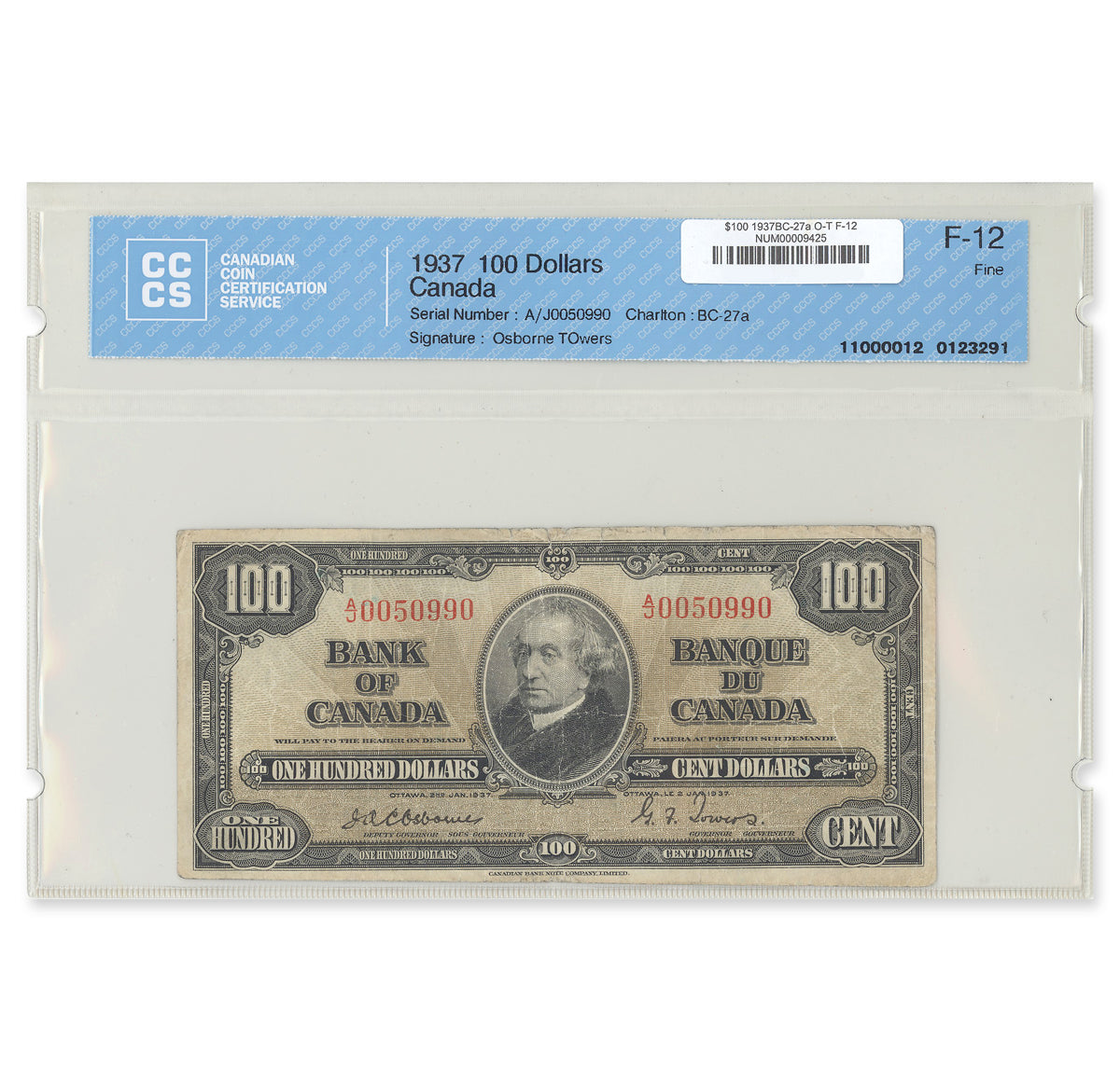 $100 1937 BC-27a Osborne-Towers Prefix A/J CCCS F-12