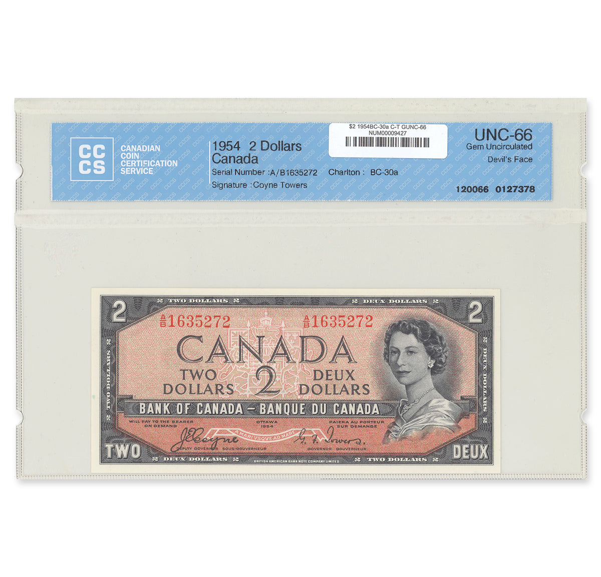 $2 1954 Devil's Face Series BC-30a Coyne-Towers Prefix A/B CCCS GUNC-66