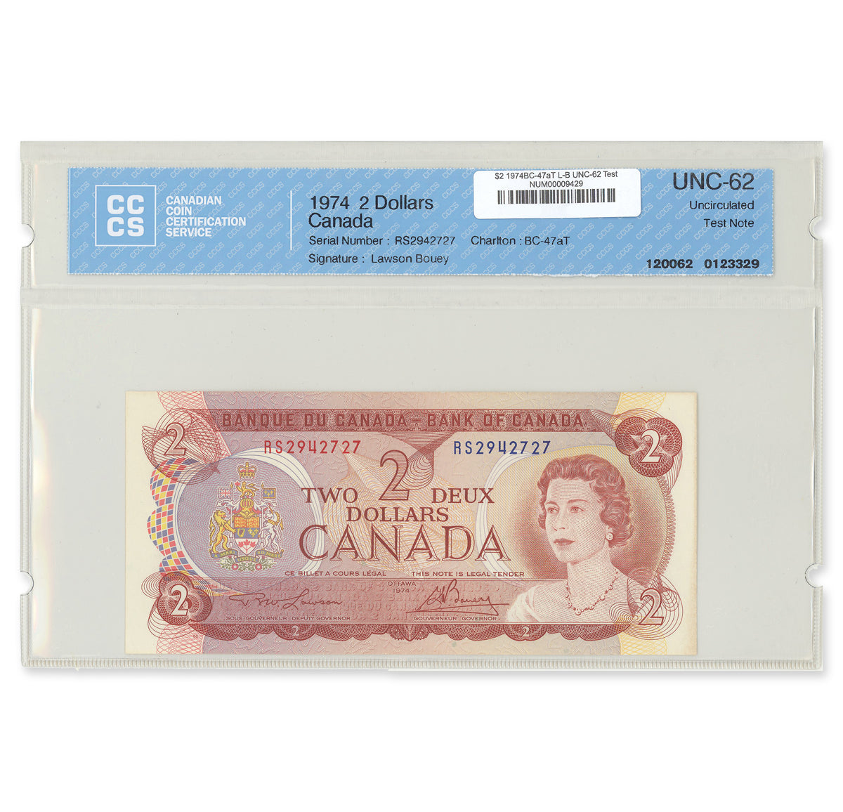 $2 1974 BC-47aT Test Note Lawson-Bouey Prefix RS CCCS UNC-62