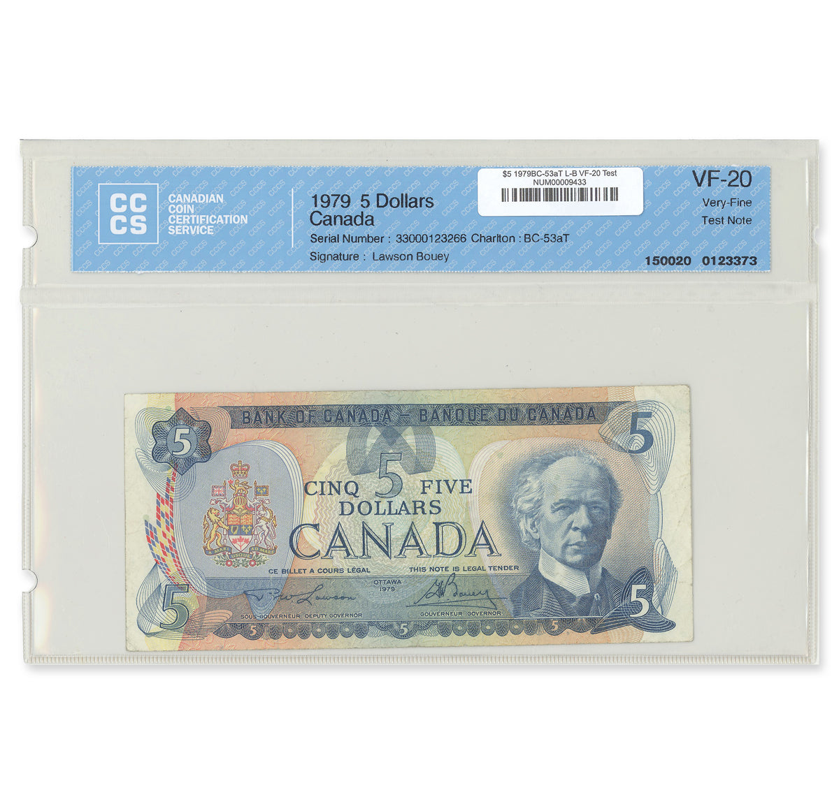 $5 1979 BC-53aT Test Note Lawson-Bouey Prefix 33 CCCS VF-20