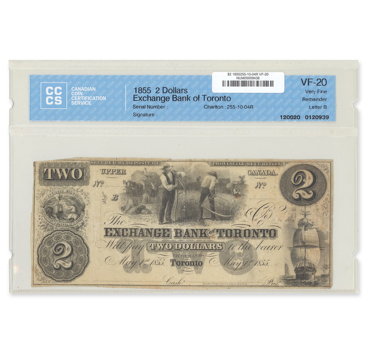 $2 1855 255-10-04R Exchange Bank of Toronto CCCS VF-20