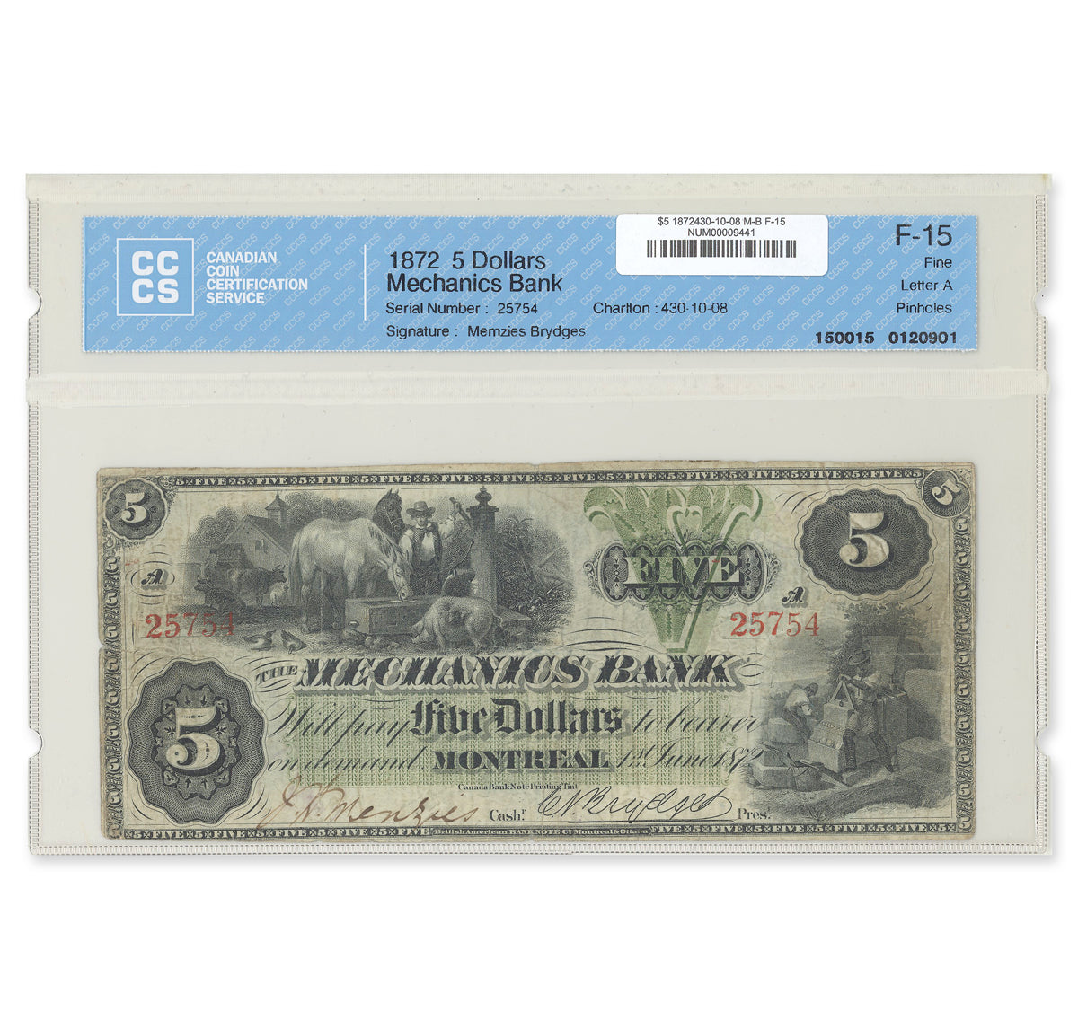 $5 1872 430-10-08 Mechanics Bank Menzies-Brydges CCCS F-15