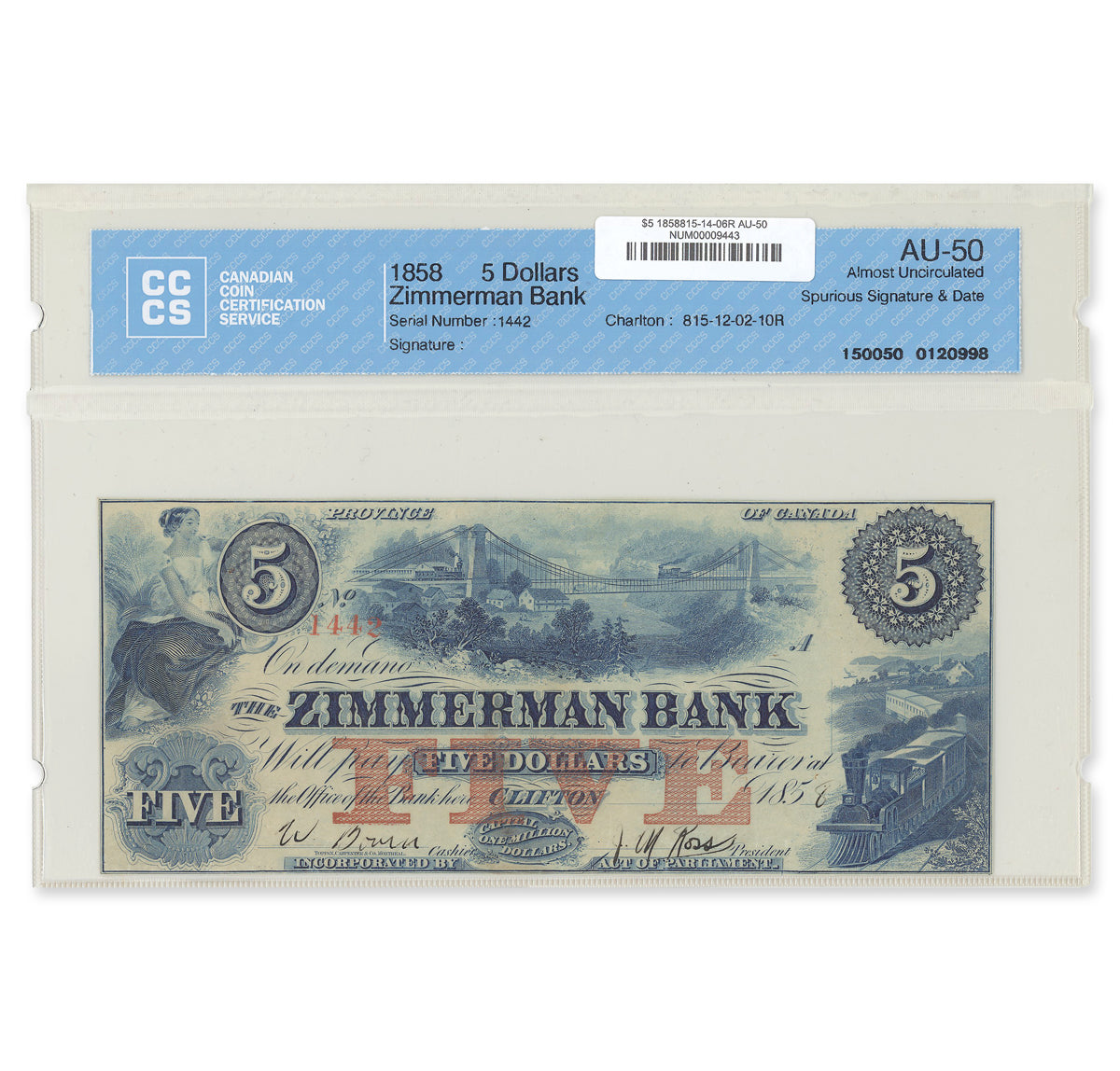 $5 1858 815-14-06R Zimmerman Bank CCCS AU-50