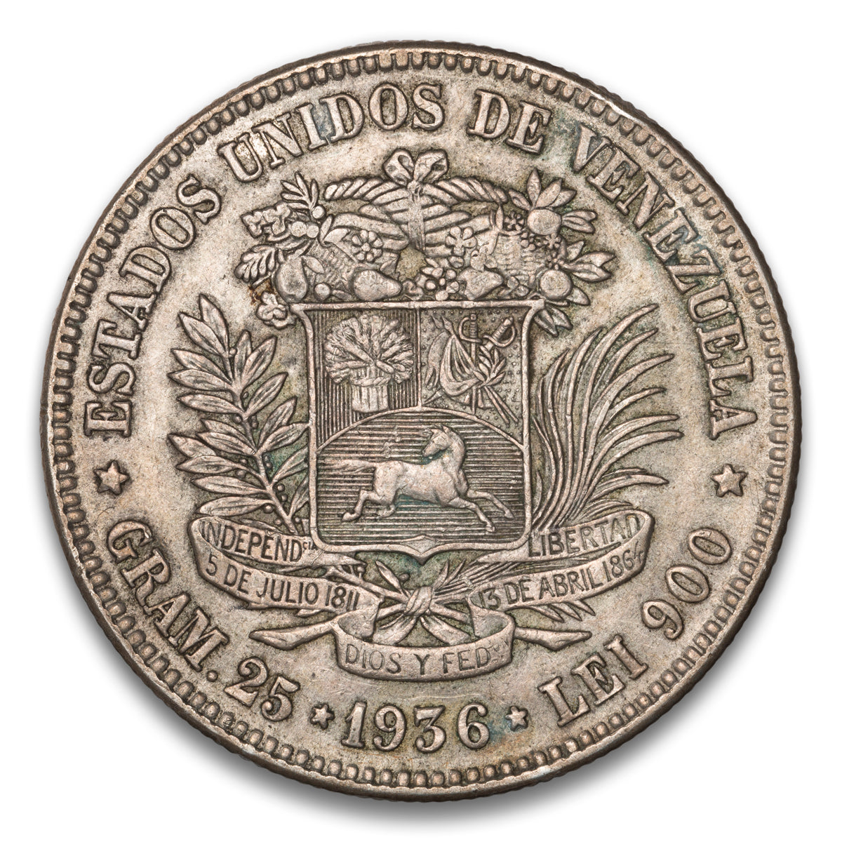Venezuela Silver 5 Bolivares 1936