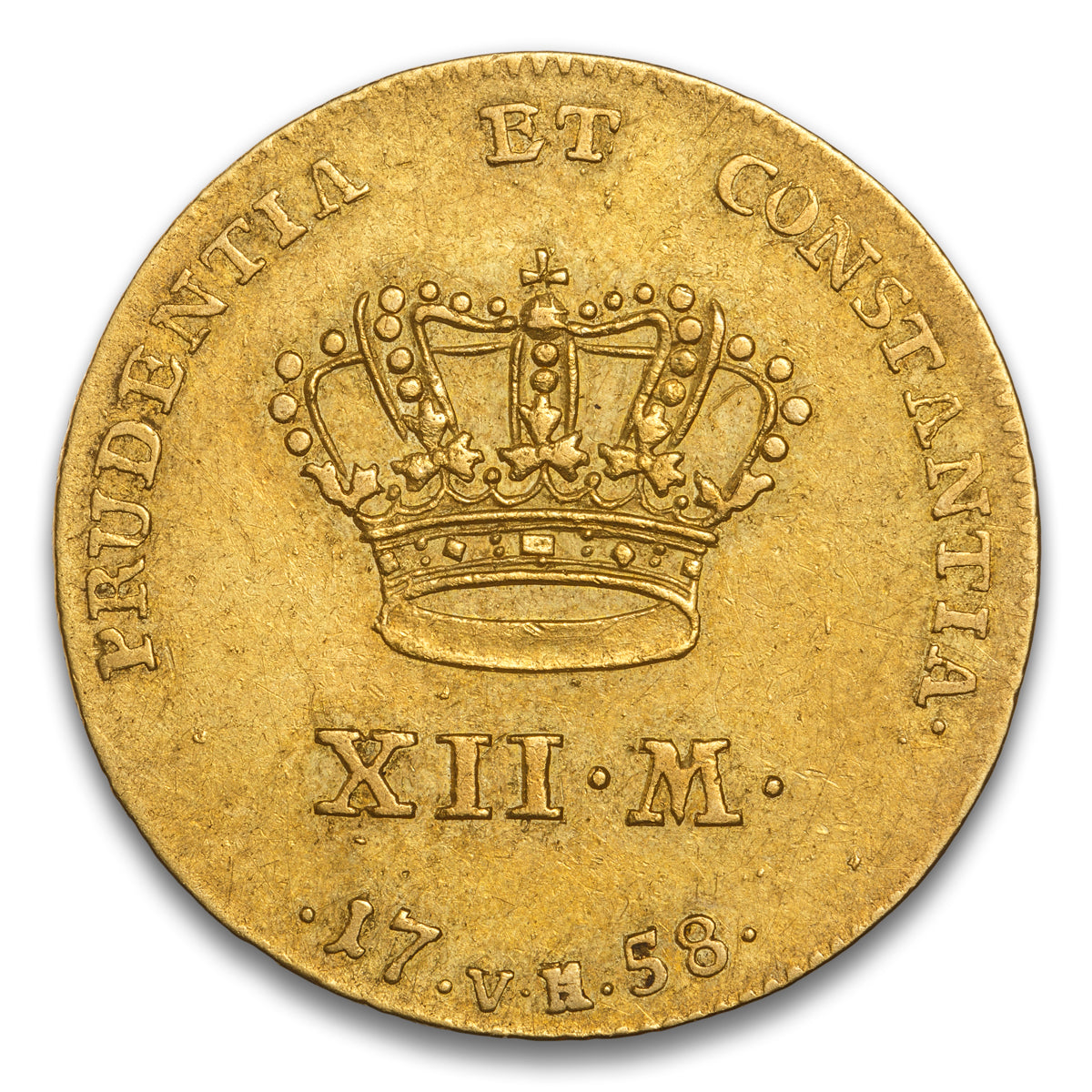 Denmark and Norway Frederik V Gold 12 Mark 1758 Copenhagen Mint