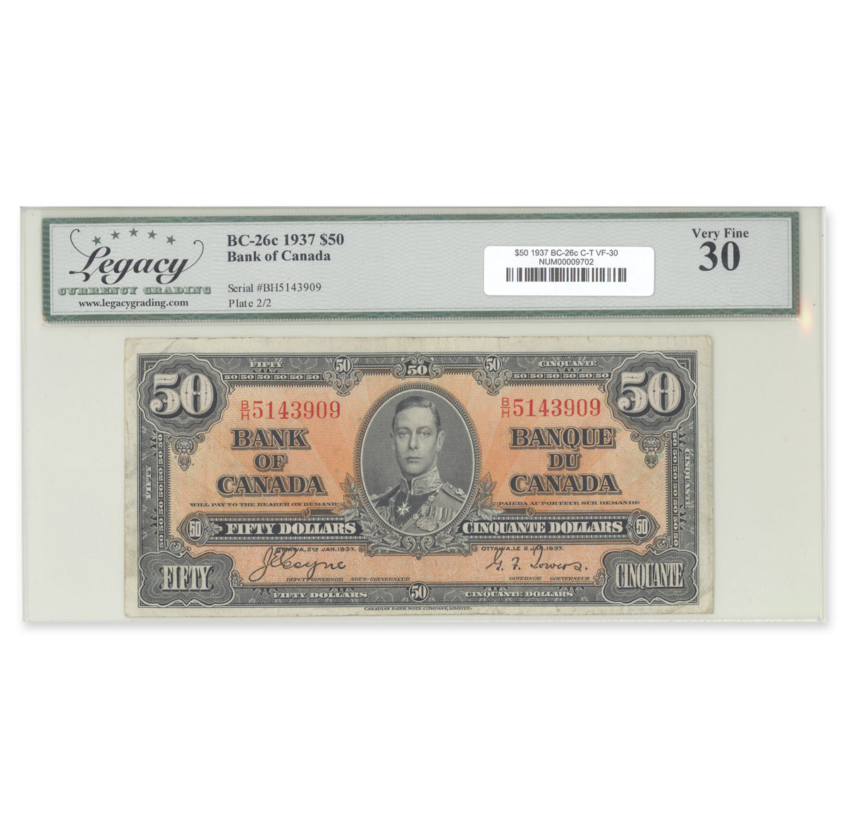 $50 1937 BC-26c Coyne-Towers Prefix B/H Legacy VF-30