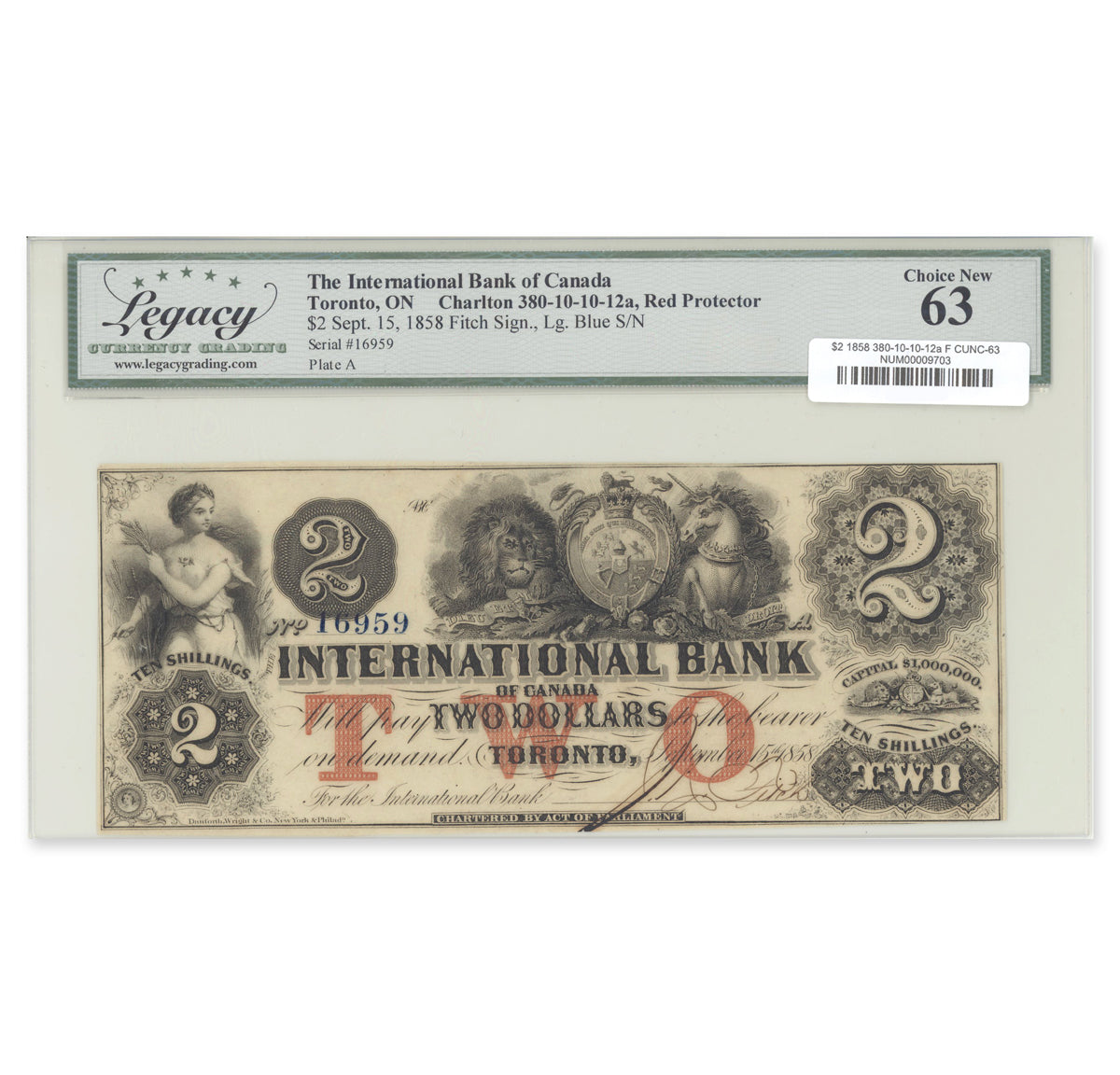 $2 1858 380-10-10-12a International Bank of Canada Legacy CUNC-63