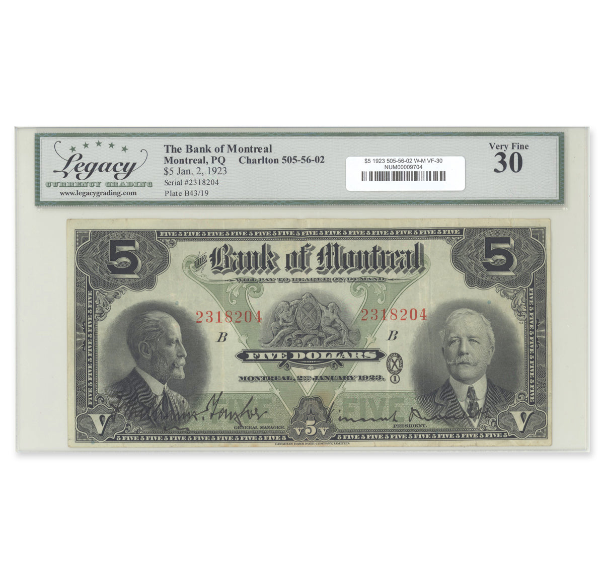 $5 1923 505-56-02 The Bank of Montreal Williams-Taylor-Meredith Legacy VF-30