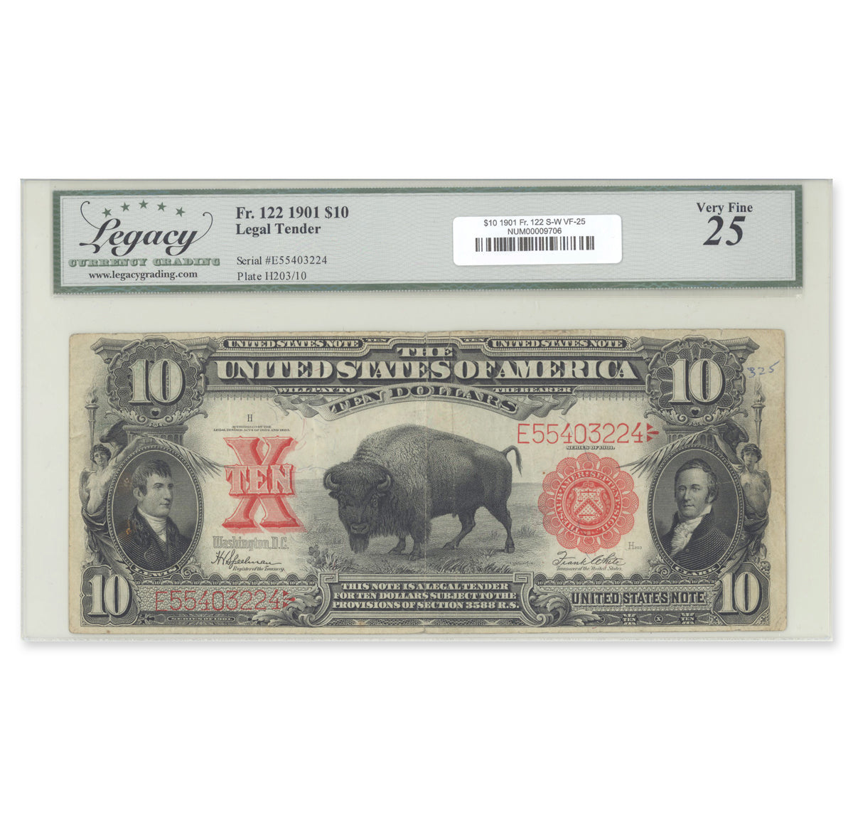 US $10 1901 Fr. 122 Speelman-White Prefix E Legacy VF-25