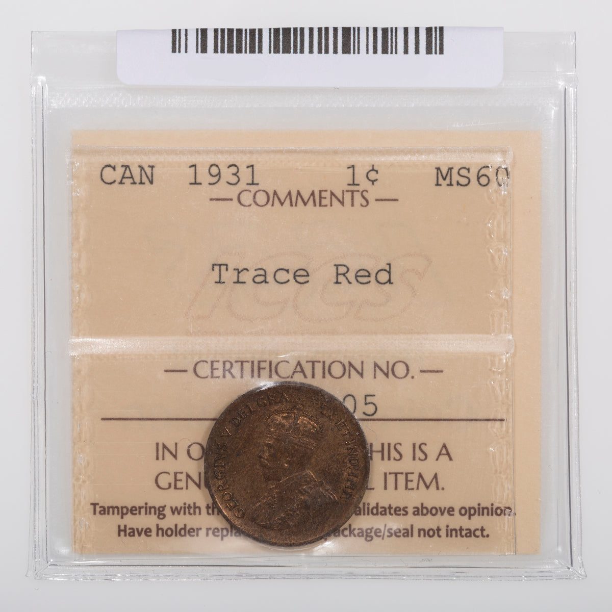 1 Cent 1931 ICCS MS-60 Trace Red