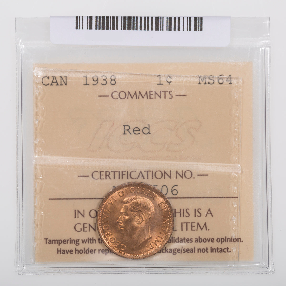 1 Cent 1938 ICCS MS-64 Red