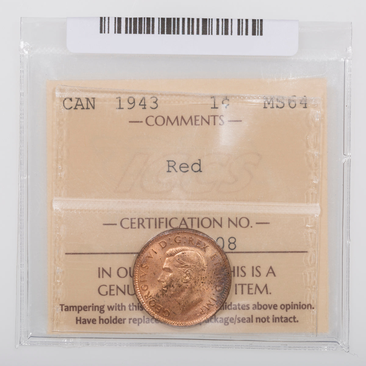 1 Cent 1943 ICCS MS-64 Red