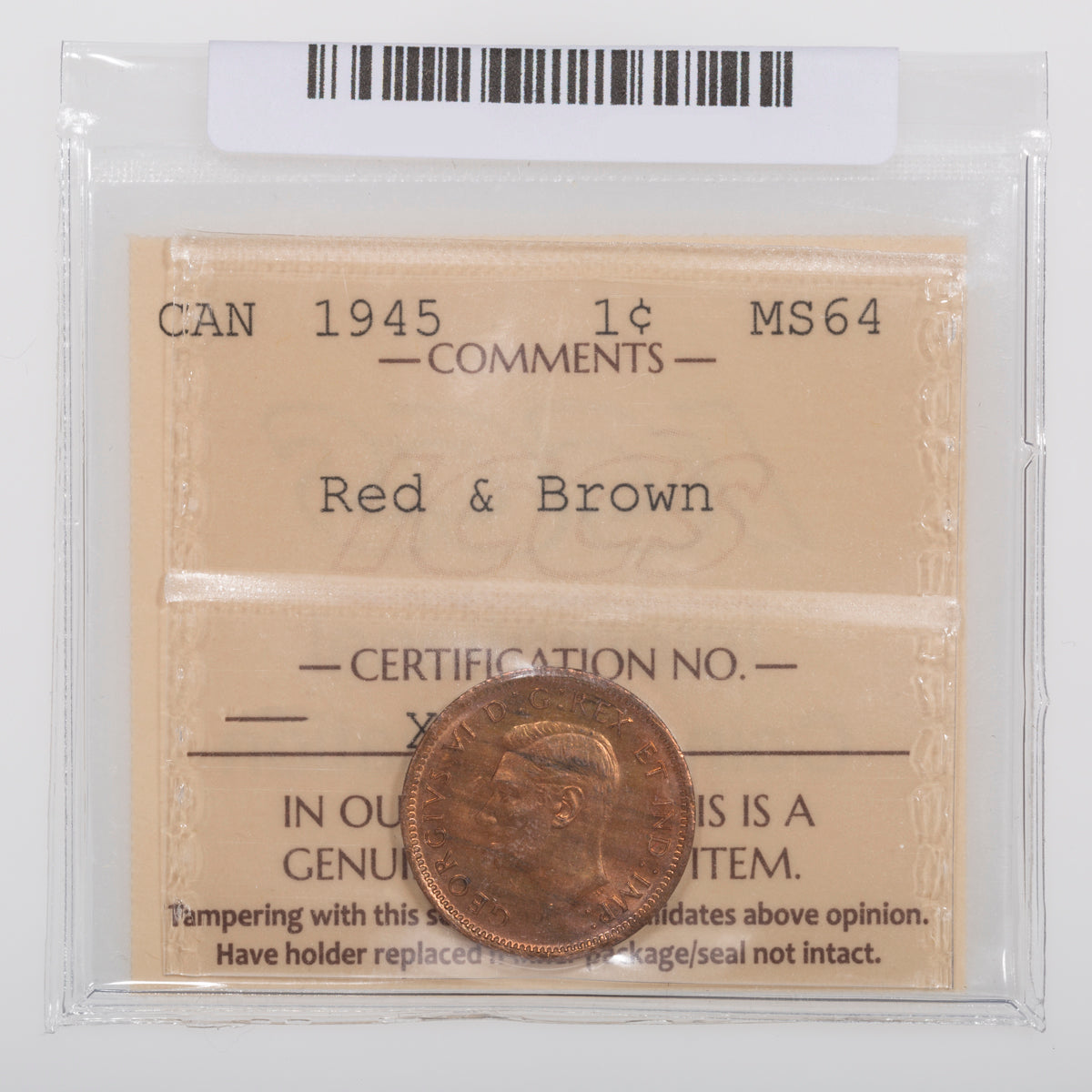 1 Cent 1945 ICCS MS-64 Red & Brown
