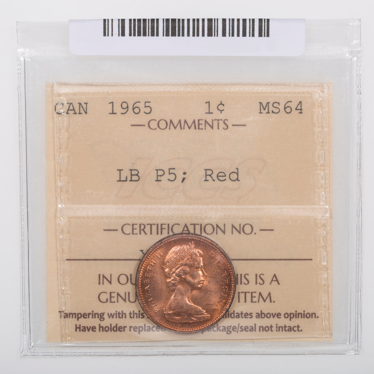 1 Cent 1965 LB P5 ICCS MS-64 Red