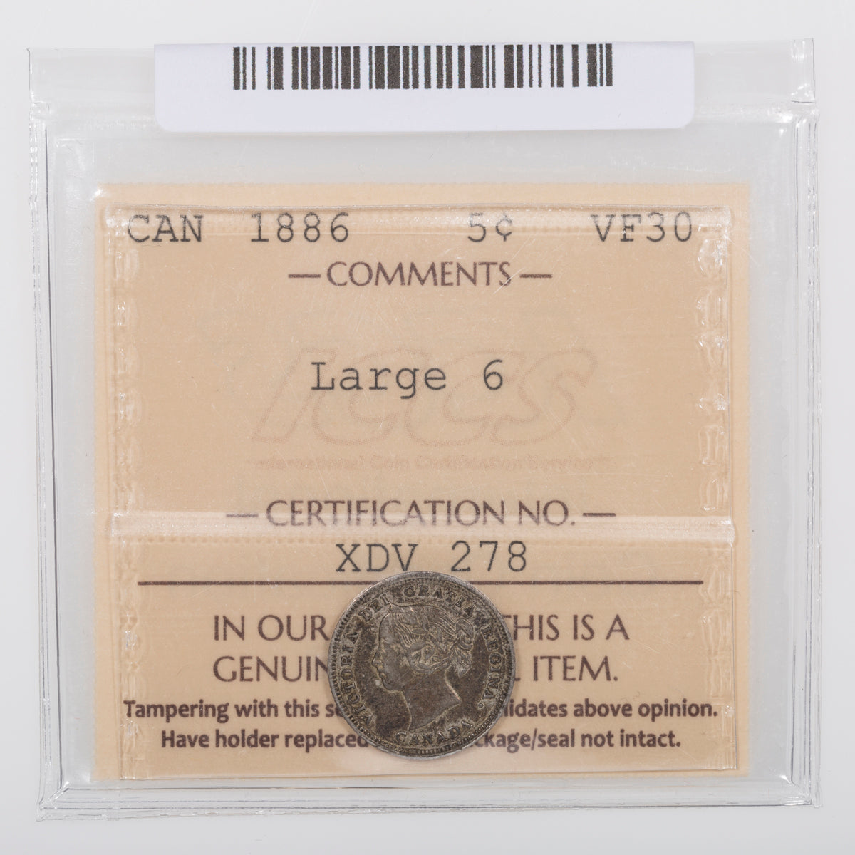 5 Cent 1886 Large 6 ICCS VF-30