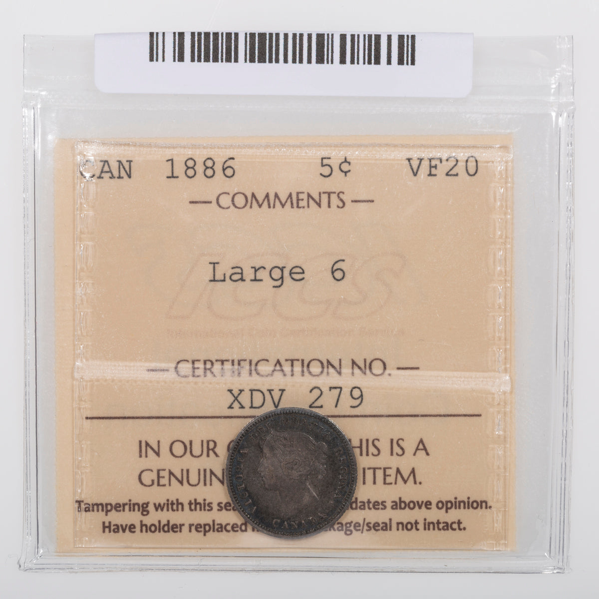 5 Cent 1886 Large 6 ICCS VF-20