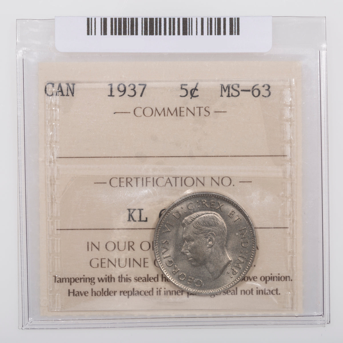 5 Cent 1937 ICCS MS-63