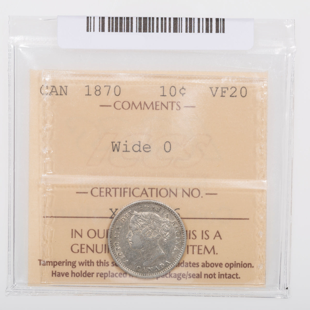 10 Cent 1870 Wide 0 ICCS VF-20