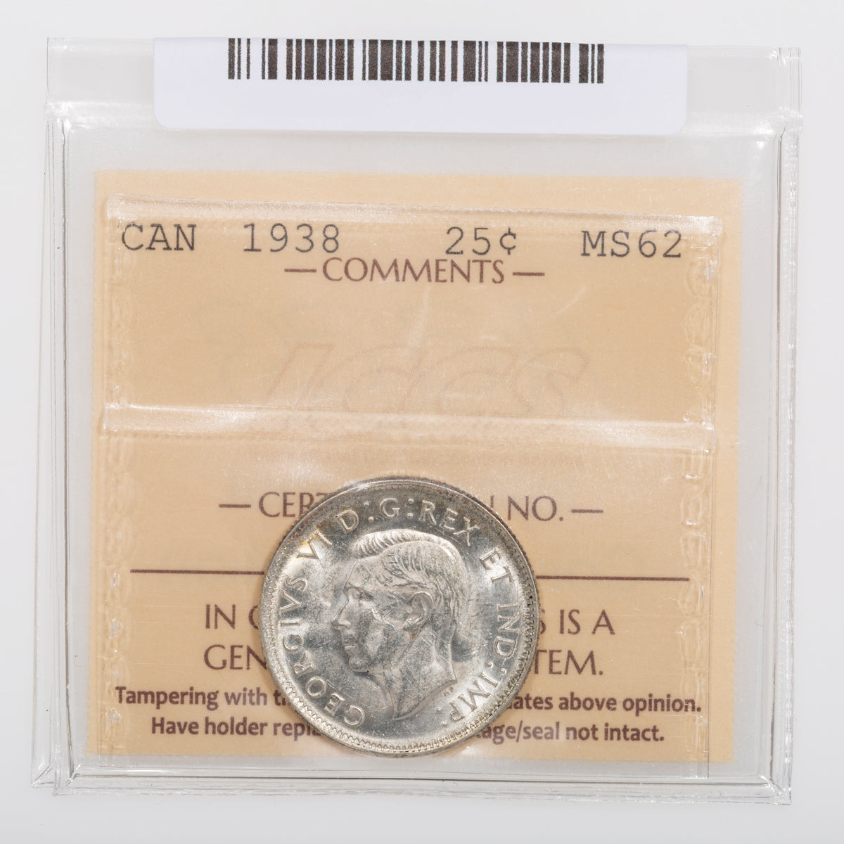 25 Cent 1938 ICCS MS-62