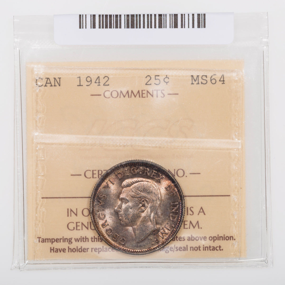 25 Cent 1942 ICCS MS-64