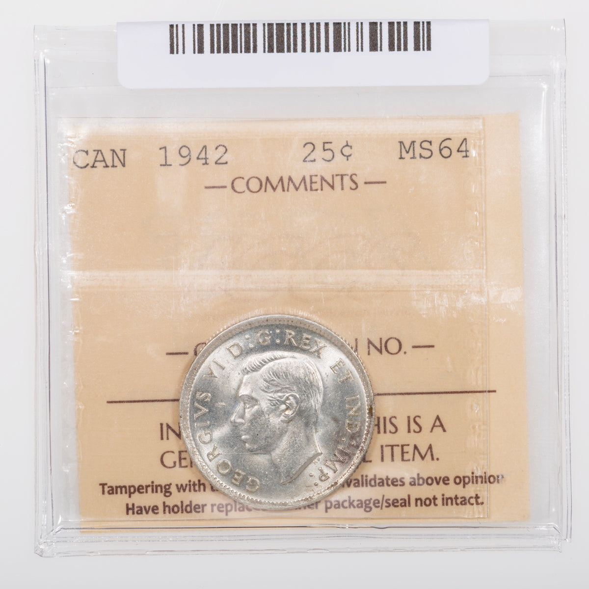 25 Cent 1942 ICCS MS-64