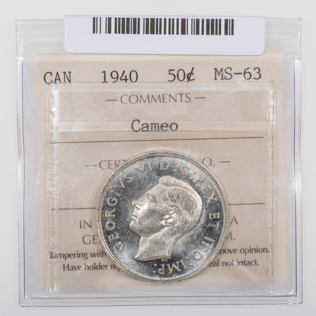 50 Cent 1940 ICCS MS-63 Cameo