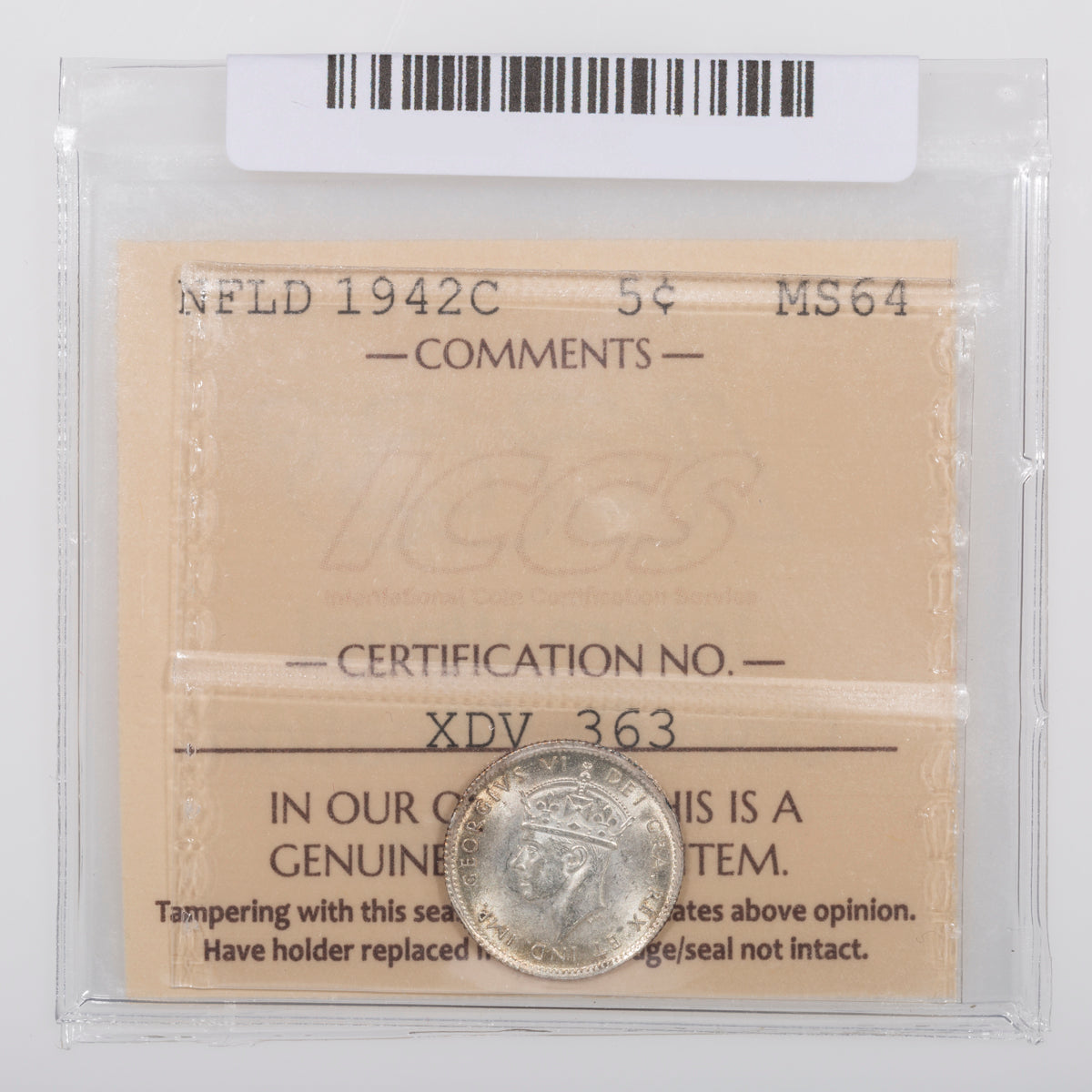 NFLD 5 Cent 1942C ICCS MS-64