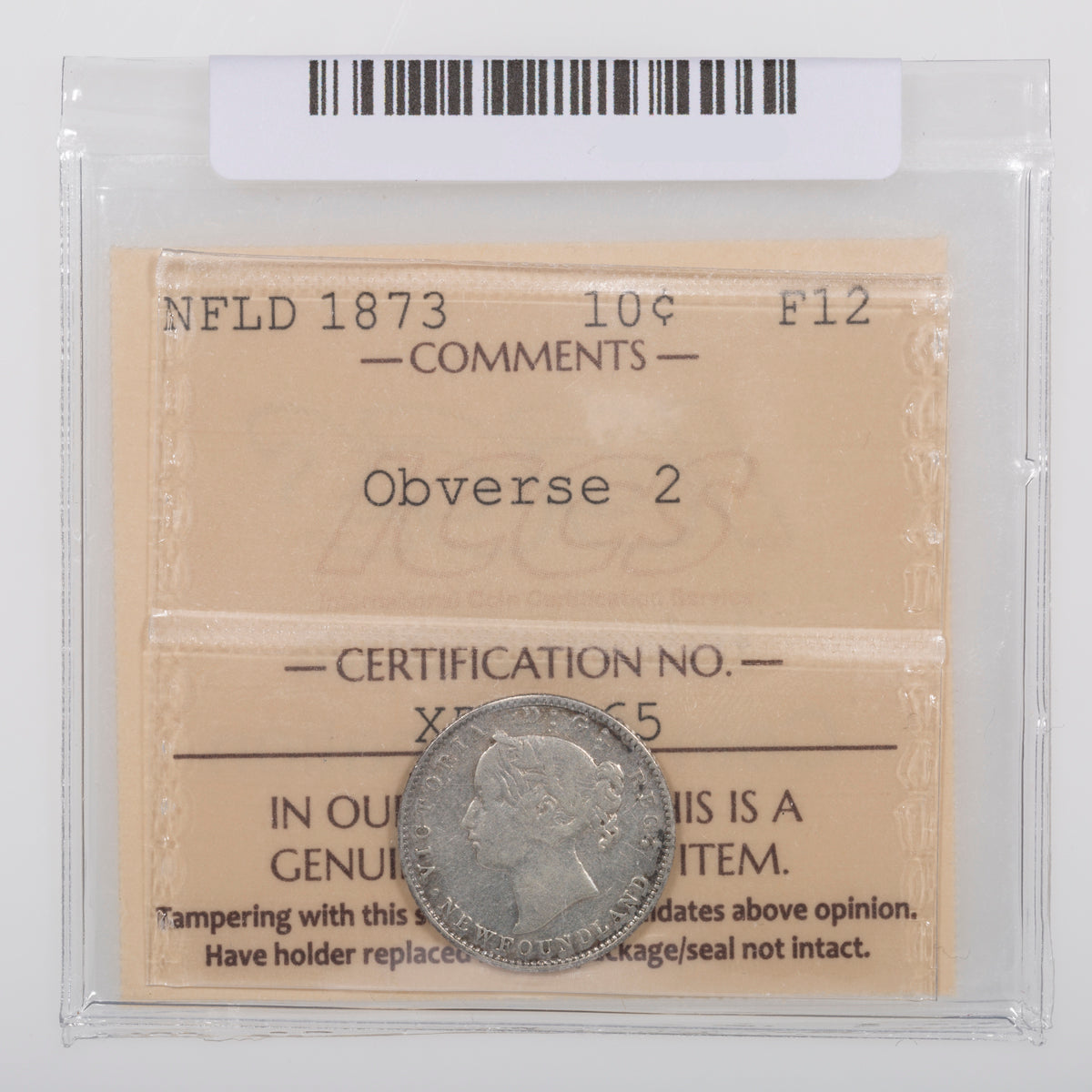 NFLD 10 Cent 1873 Obverse 2 ICCS F-12