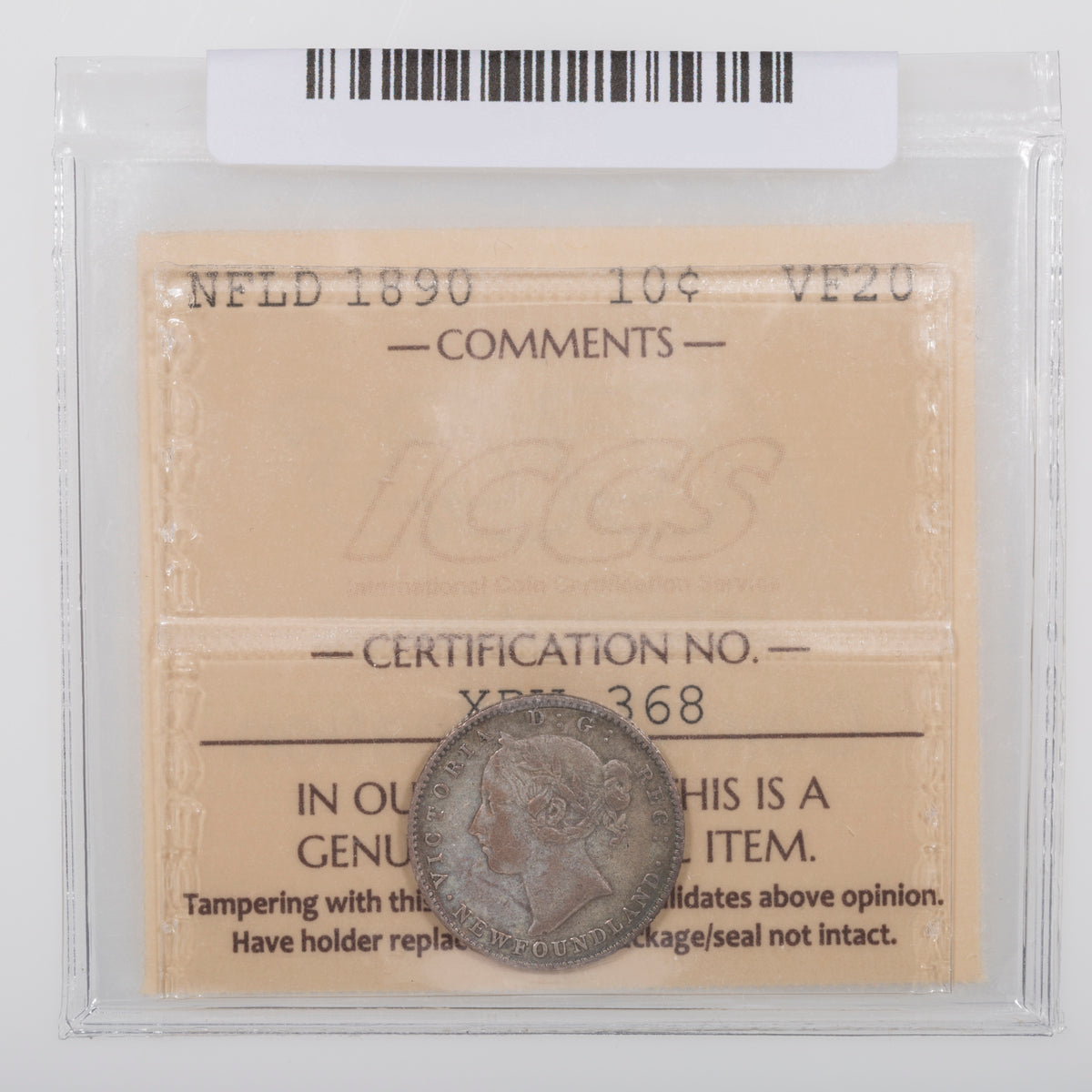 NFLD 10 Cent 1890 ICCS VF-20