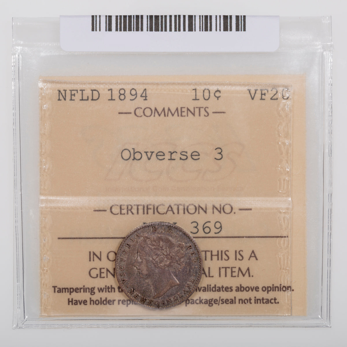 NFLD 10 Cent 1894 Obverse 3 ICCS VF-20