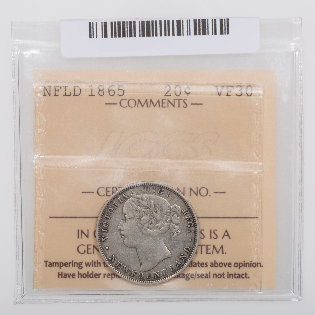 NFLD 20 Cent 1865 ICCS VF-30