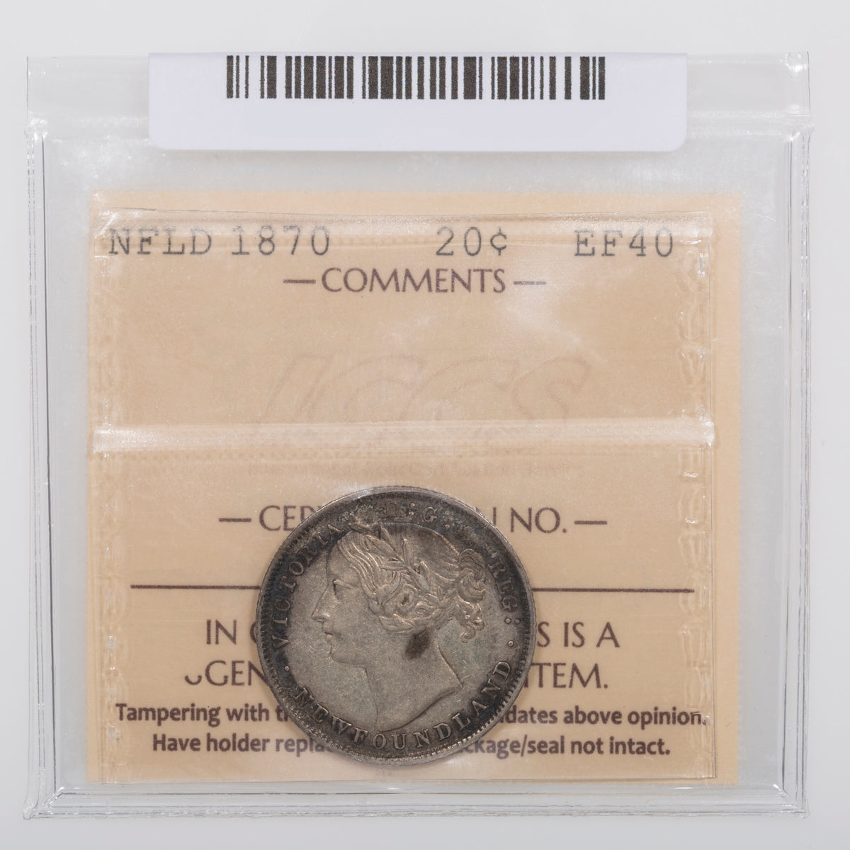 NFLD 20 Cent 1870 ICCS EF-40