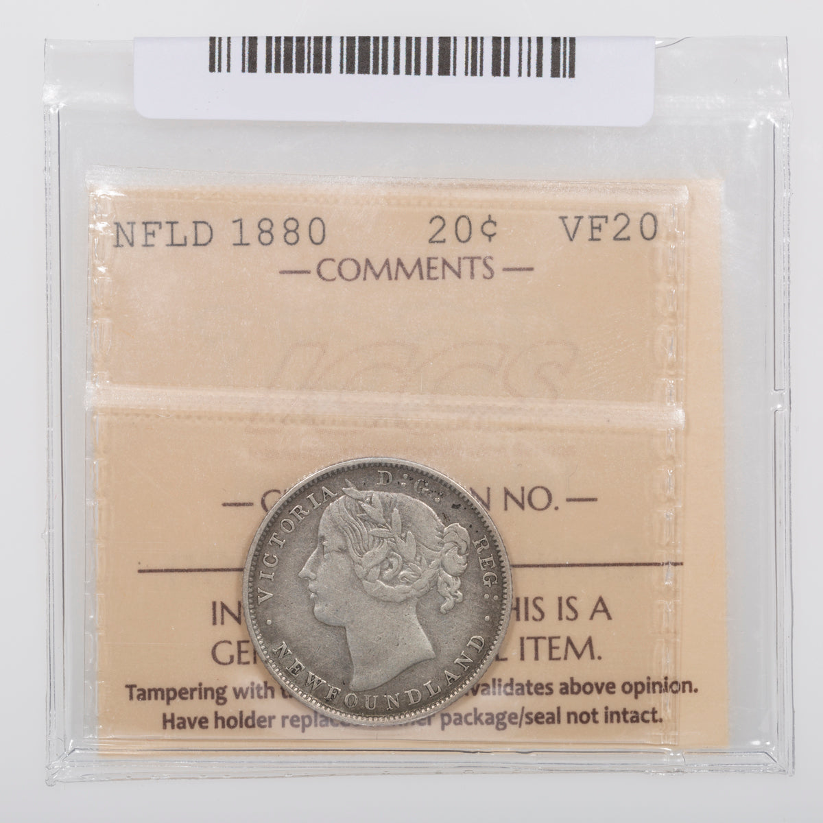 NFLD 20 Cent 1880 ICCS VF-20