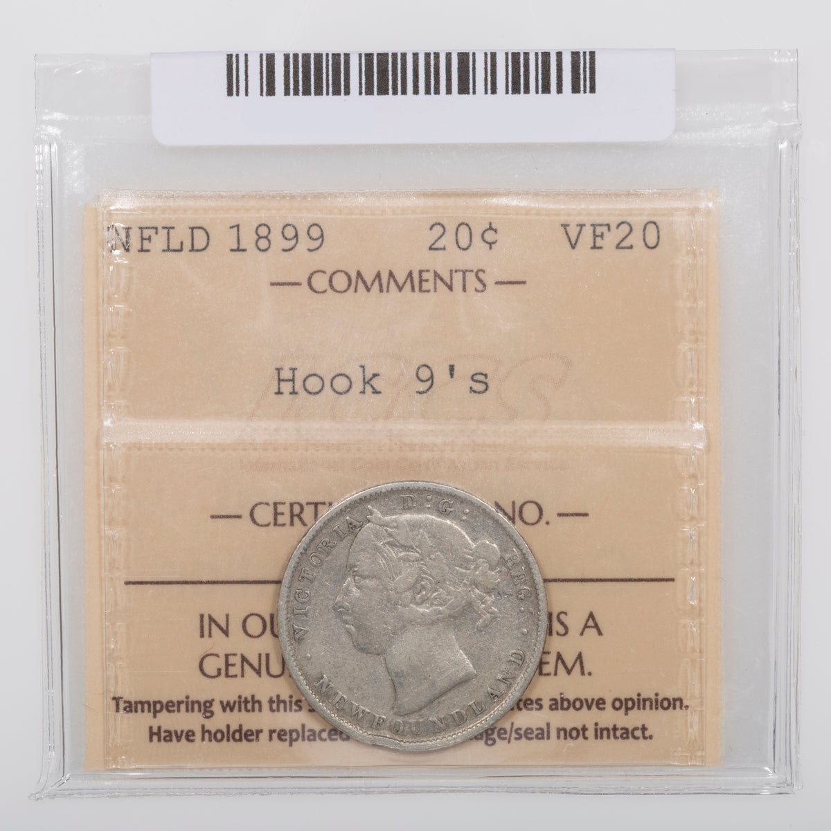 NFLD 20 Cent 1899 Hook 9's ICCS VF-20