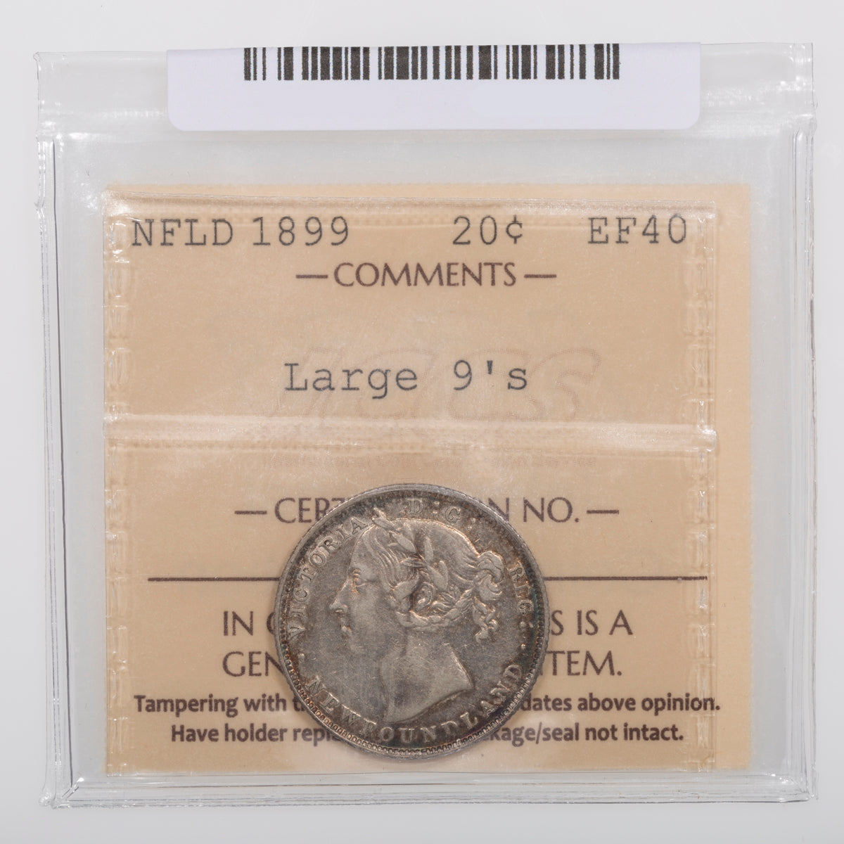 NFLD 20 Cent 1899 Large 9's ICCS EF-40