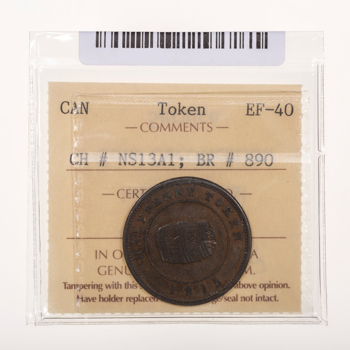 Nova Scotia CH# NS-13A1 Miles W. White Halfpenny Token 1815 Medal axis ICCS EF-40