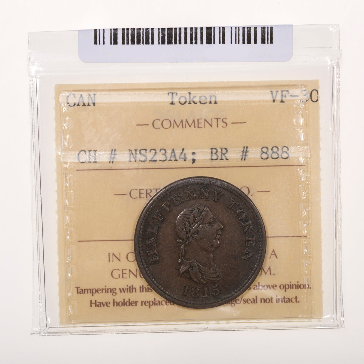 Nova Scotia CH# NS-23A4 Success to navigation & Trade Halfpenny Token 1815 1 upper leaf, Small flag ICCS VF-30