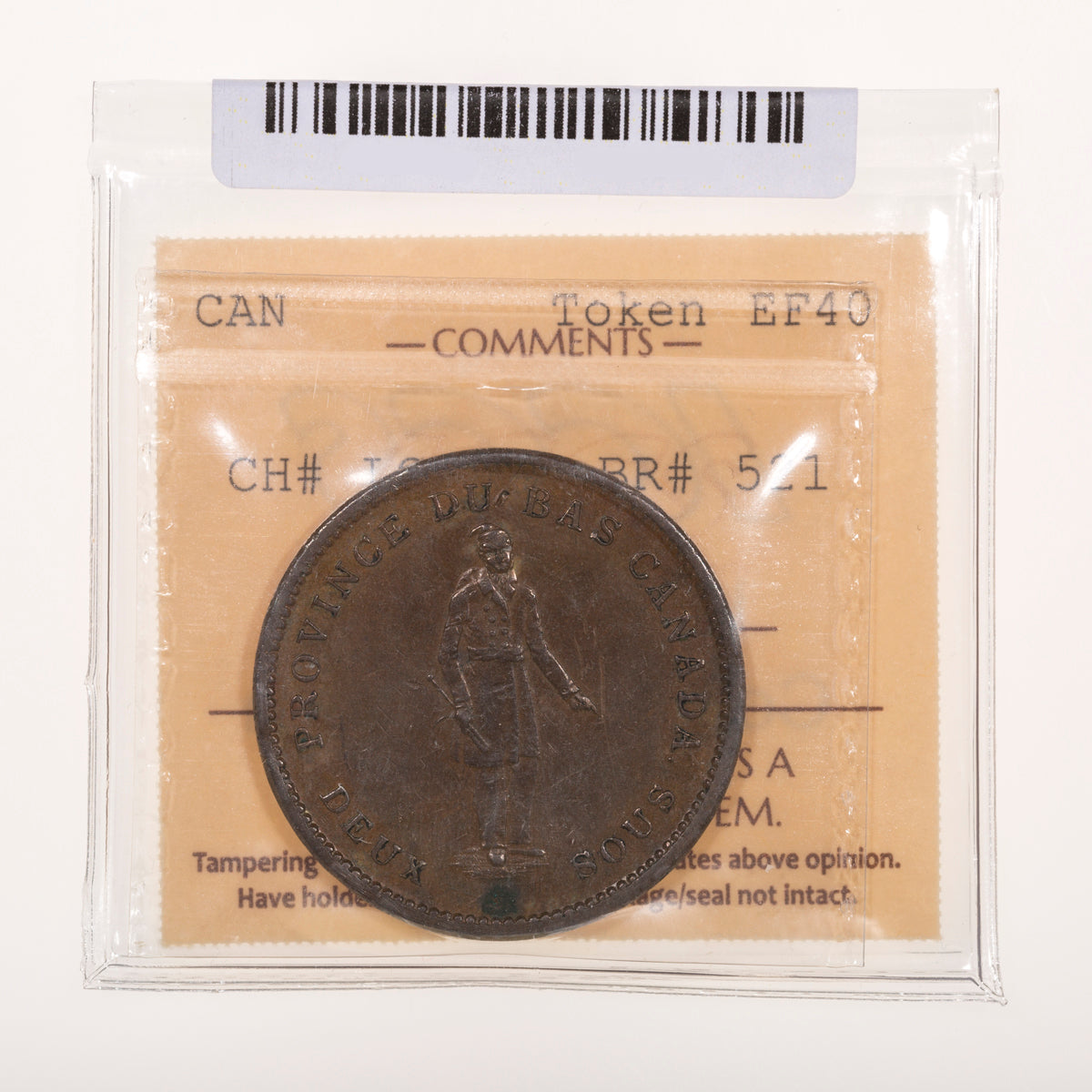 Lower Canada CH# LC-9D2 Province Du Bas Canada Habitant Token Bank of Montreal on Ribbon 1857 Weak, Period ICCS EF-40