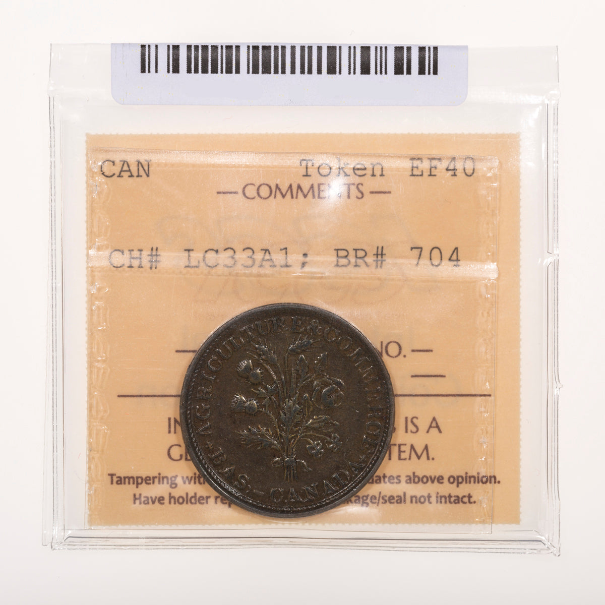 Lower Canada CH# LC-33A1 Bouquet Sou Belleville 23 Leaves 2 Shamrocks ND Small flat bow, Copper ICCS EF-40