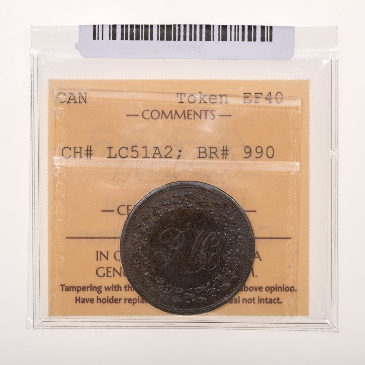 Lower Canada CH# LC-51A2 RH Half Penny Token 1814 Thin flan, Plain, Coinage axis ICCS EF-40