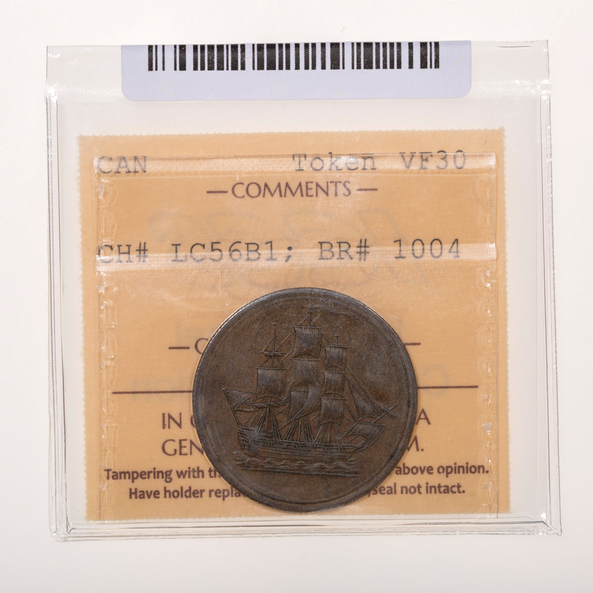 Lower Canada CH# LC-56B1 Seated Justice Sailing Ship Halfpenny Token Bale Marked S.J. & Co. 1815 Copper ICCS VF-30