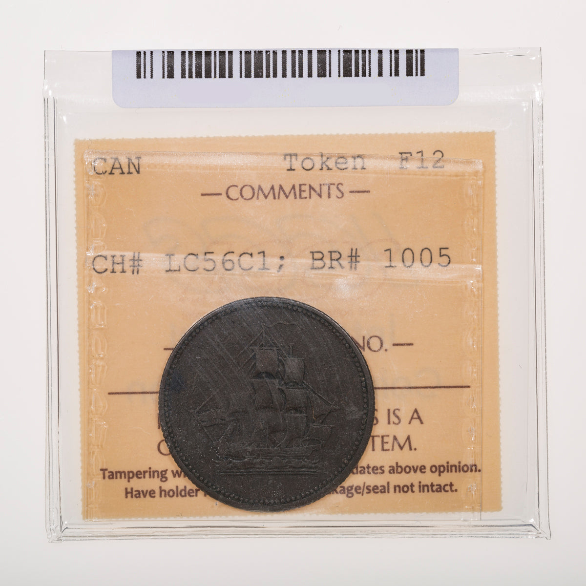 Lower Canada CH# LC-56C1 Seated Justice Sailing Ship Halfpenny Token ND Copper ICCS F-12