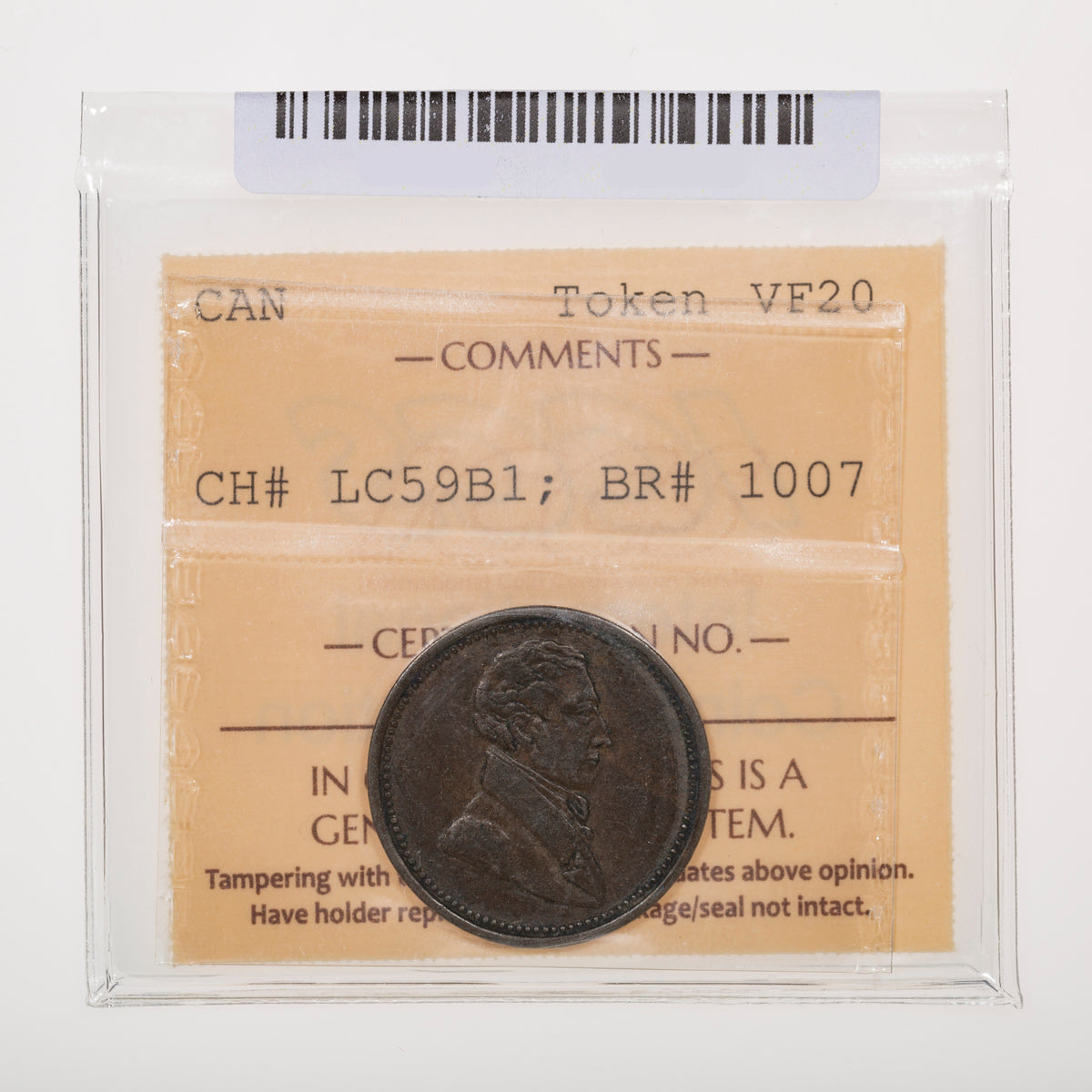 Lower Canada CH# LC-59B1 Commercial Change Small Bust ND Thick flan ICCS VF-20