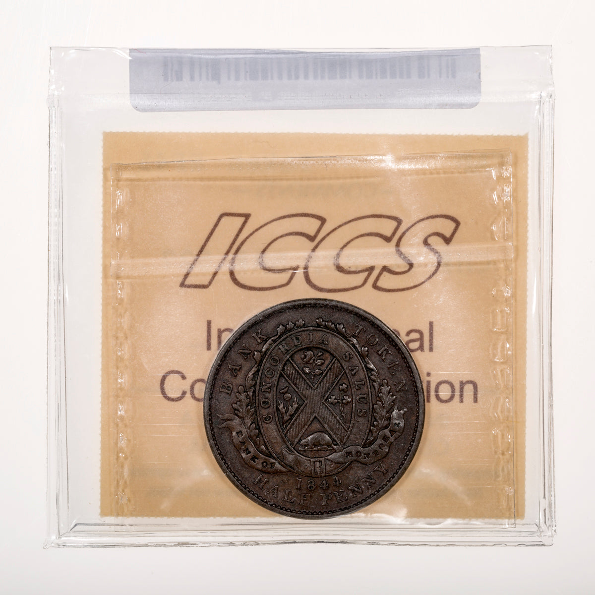 Province of Canada CH# PC-1B3 Bank of Montreal Half Penny Token Bank of Montreal on Ribbon 1844 Heavy trees, Short nose ICCS EF-45