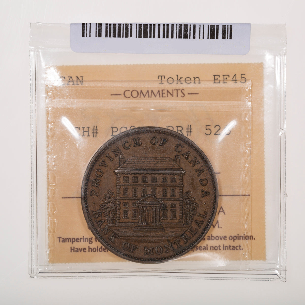 Province of Canada CH# PC-2B Bank of Montreal One Penny Token Bank of Montreal on Ribbon 1842 ICCS EF-45
