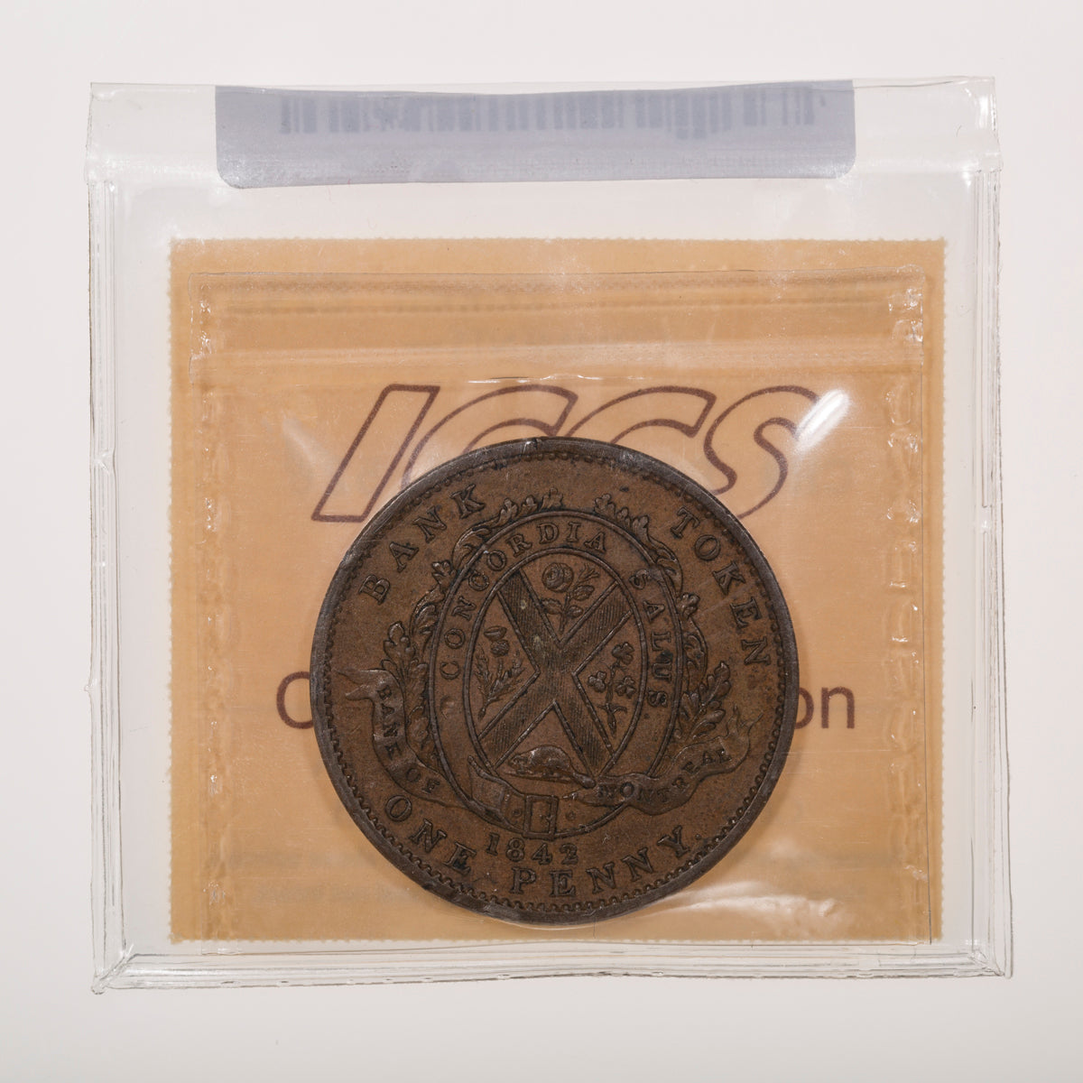 Province of Canada CH# PC-2B Bank of Montreal One Penny Token Bank of Montreal on Ribbon 1842 ICCS EF-45
