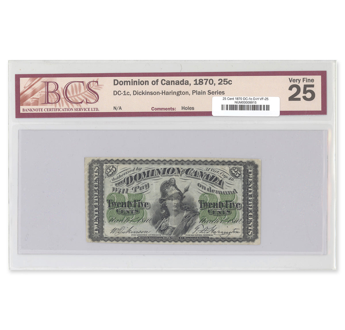 25 Cent 1870 DC-1c Dickinson-Harrington BCS VF-25